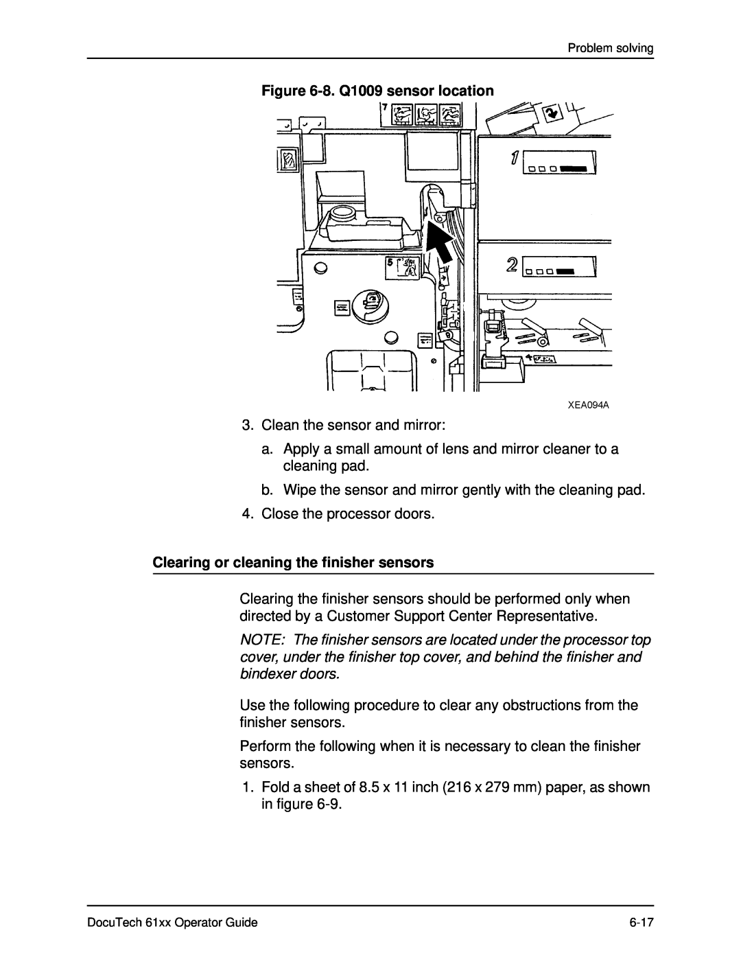 Xerox 61xx manual 8. Q1009 sensor location, Clearing or cleaning the finisher sensors 