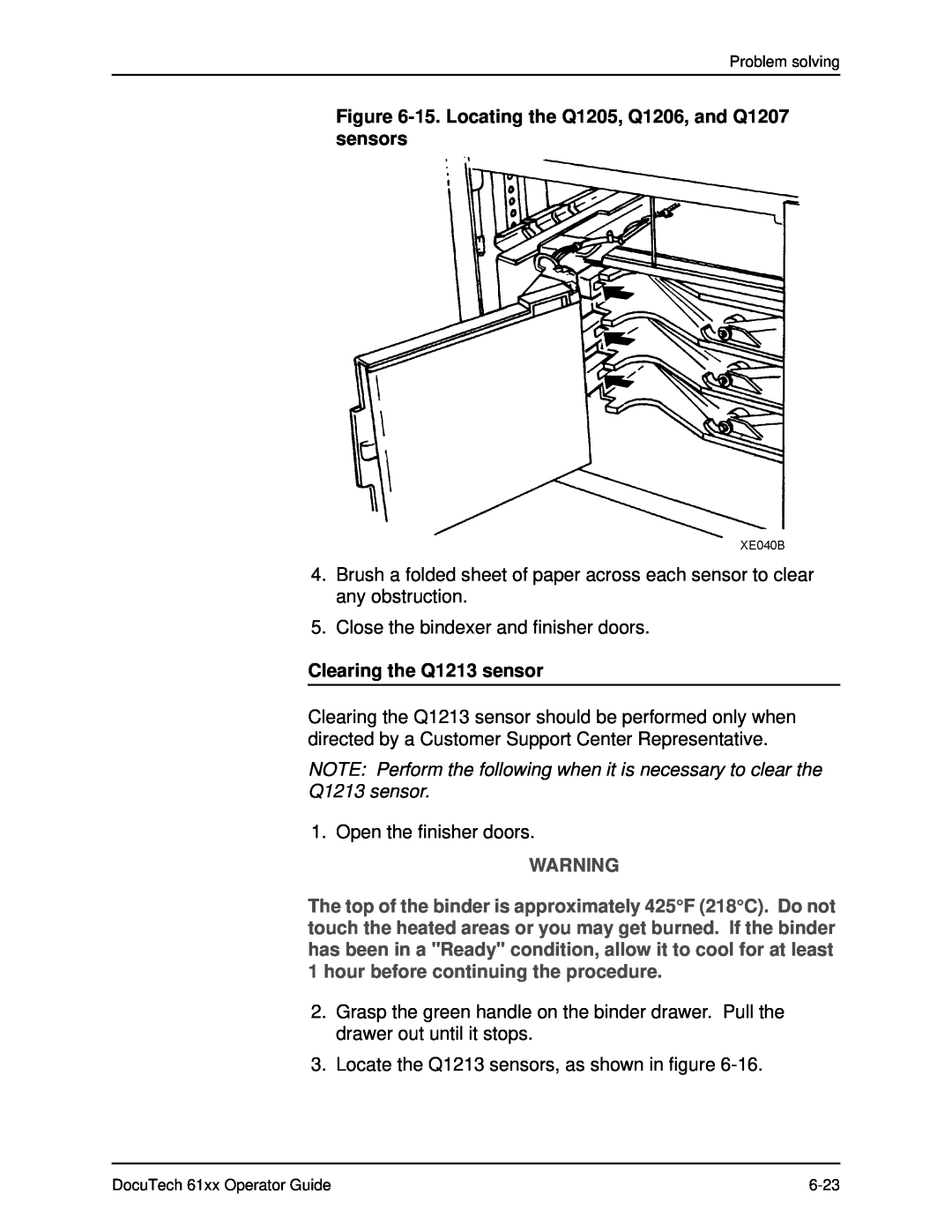 Xerox 61xx manual 15. Locating the Q1205, Q1206, and Q1207 sensors, Clearing the Q1213 sensor 