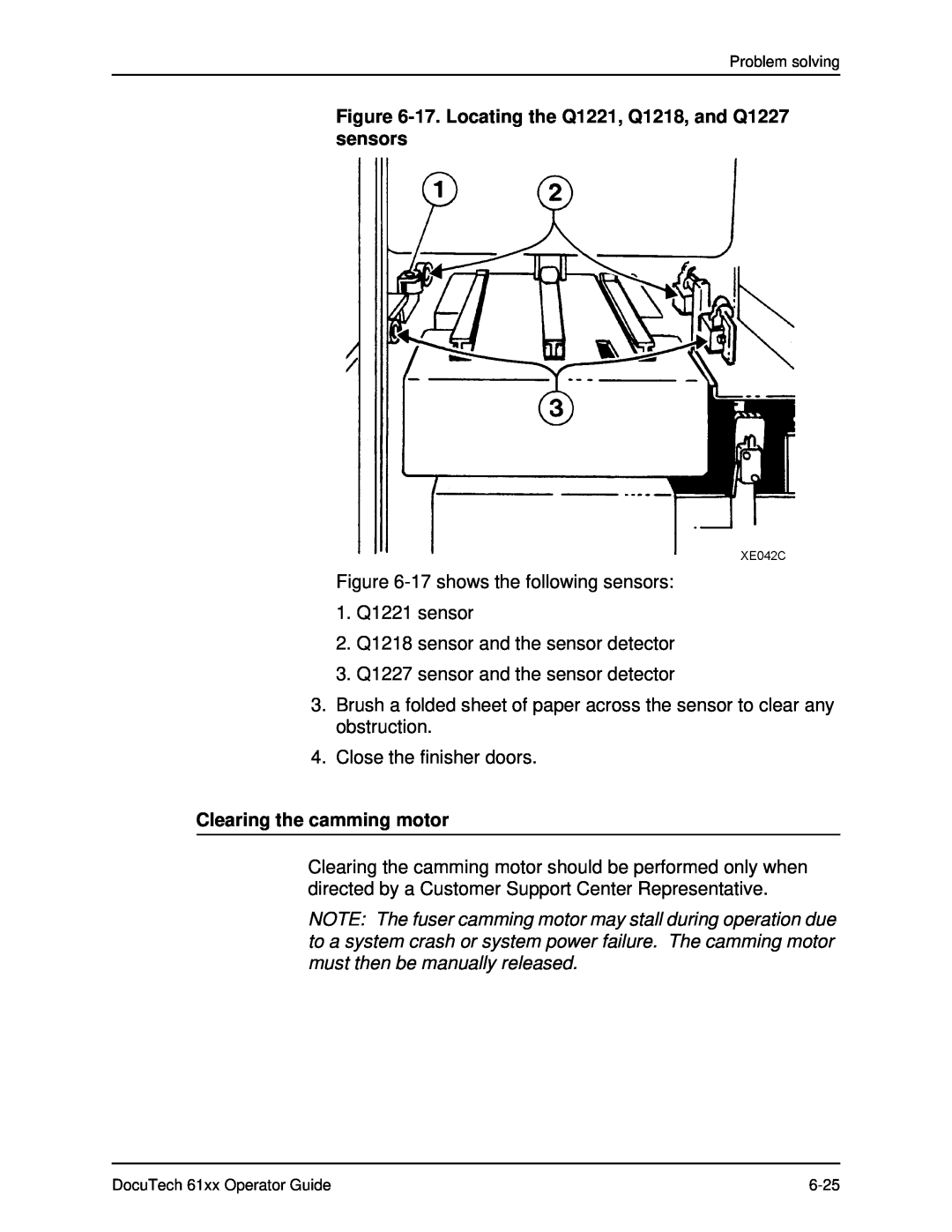 Xerox 61xx manual 17. Locating the Q1221, Q1218, and Q1227 sensors, Clearing the camming motor 