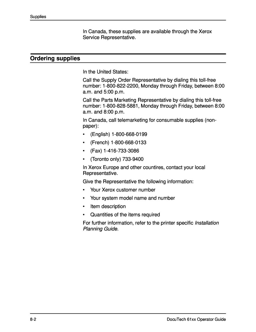 Xerox 61xx manual Ordering supplies, Planning Guide 