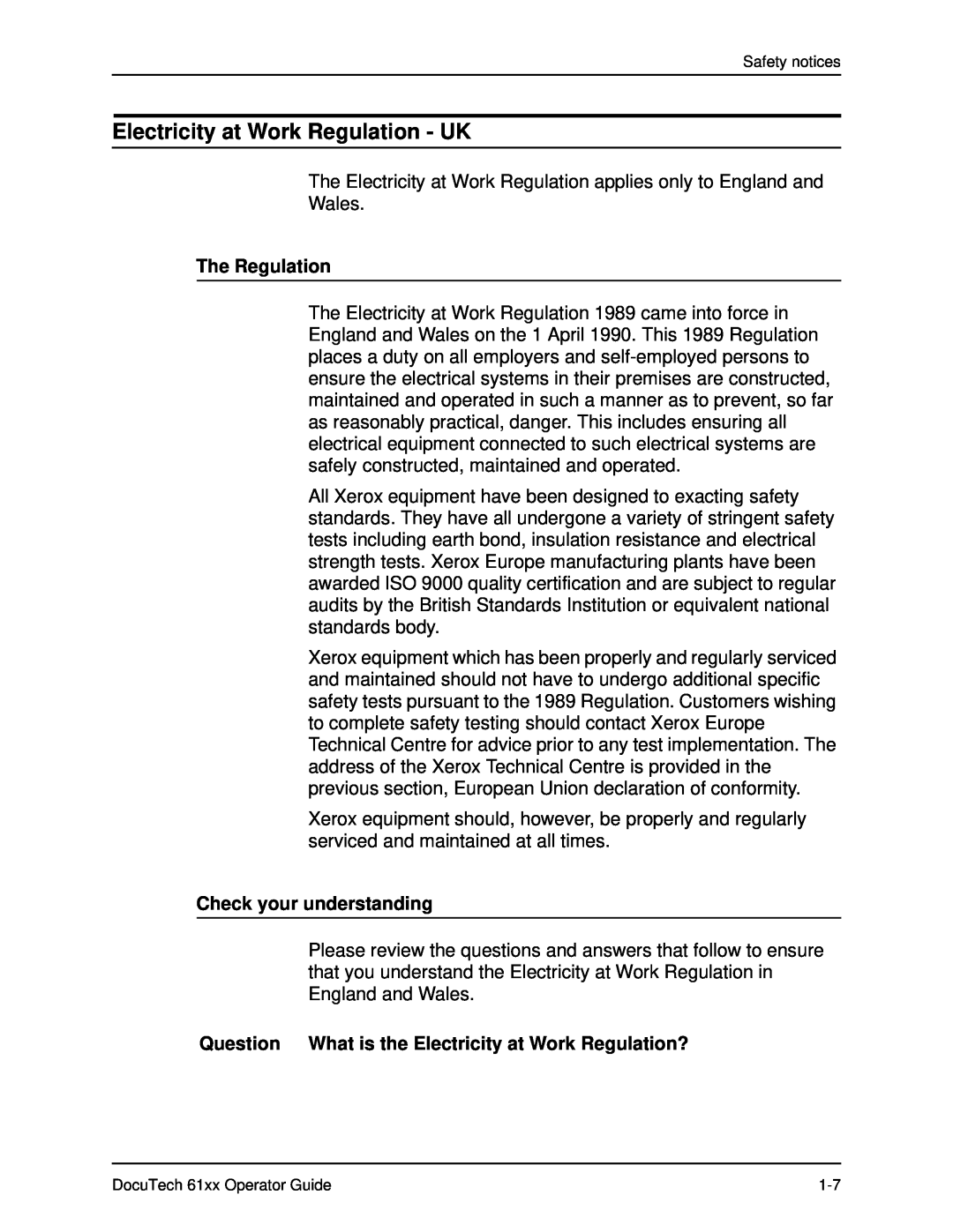 Xerox 61xx manual Electricity at Work Regulation - UK, The Regulation, Check your understanding 