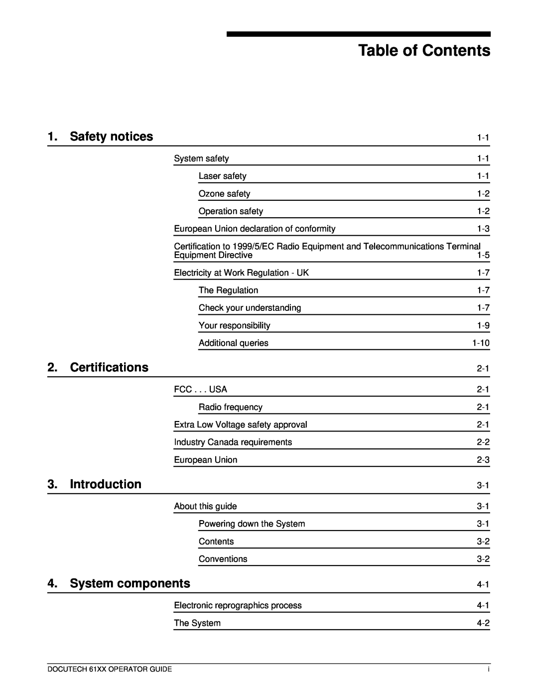 Xerox 61xx manual Table of Contents, Safety notices, Certifications, Introduction, System components 