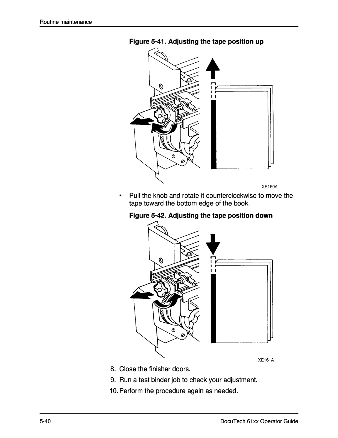 Xerox 61xx manual 41. Adjusting the tape position up, 42. Adjusting the tape position down, Close the finisher doors 