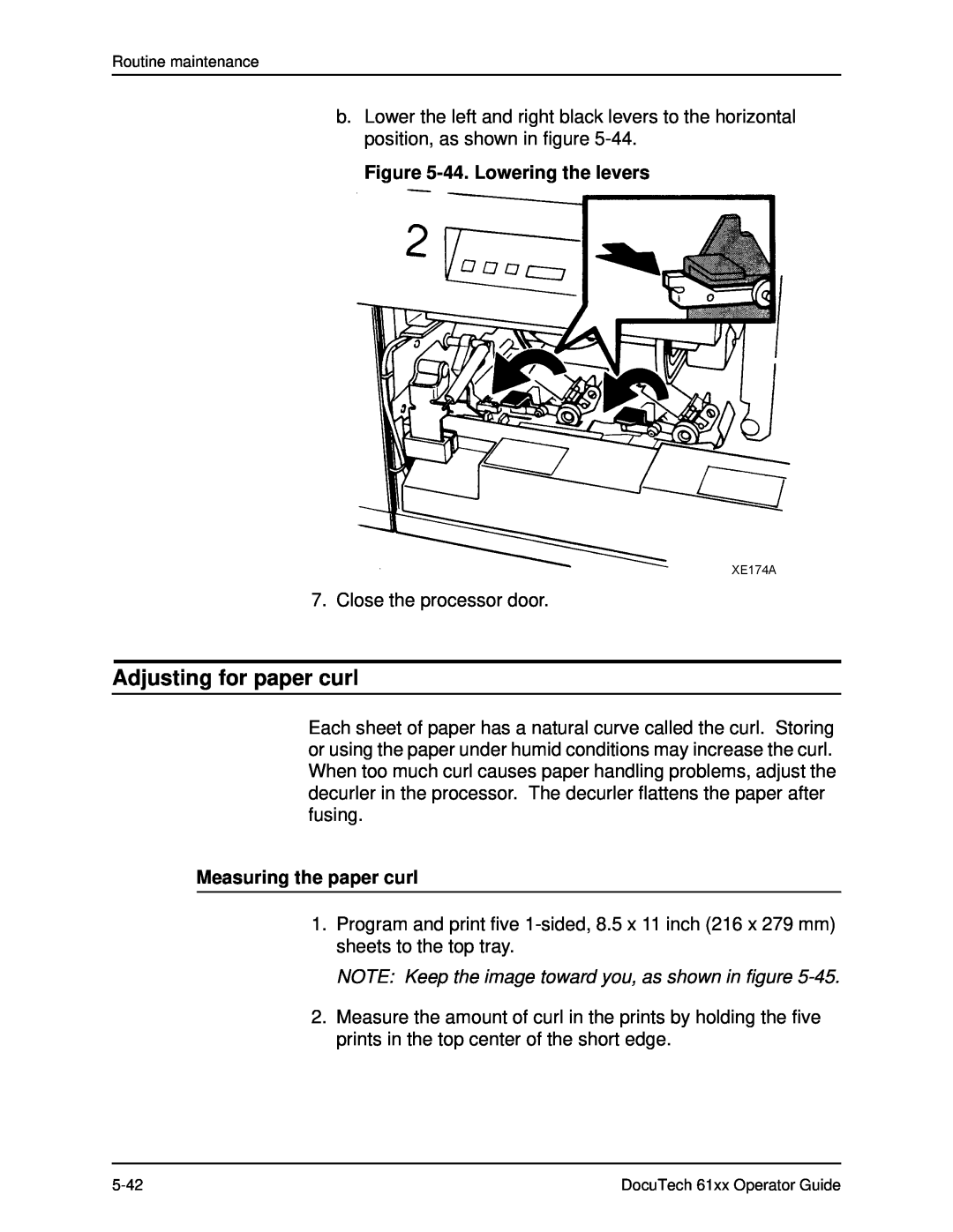 Xerox 61xx manual Adjusting for paper curl, 44. Lowering the levers, Measuring the paper curl 