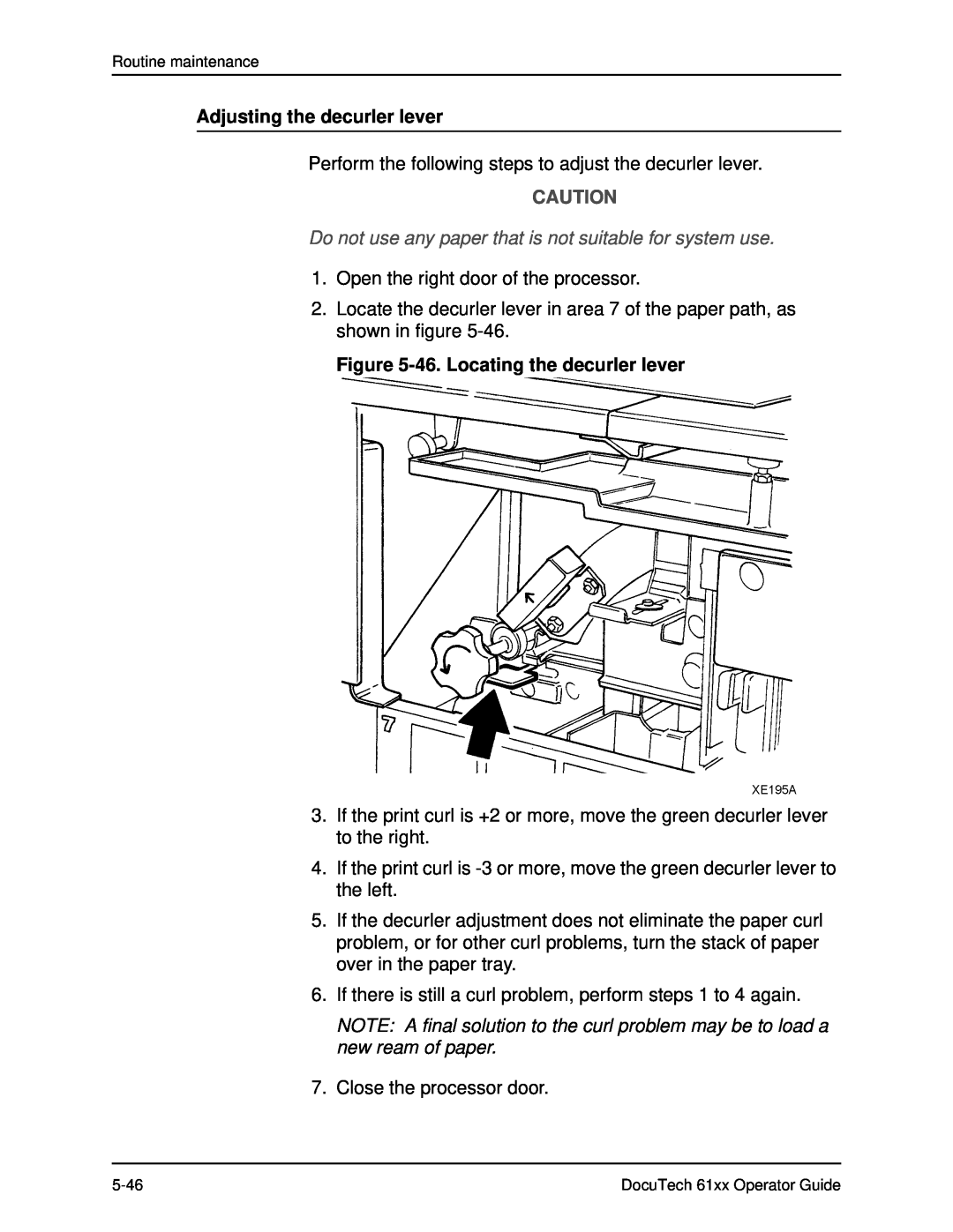 Xerox 61xx manual Adjusting the decurler lever, Do not use any paper that is not suitable for system use 