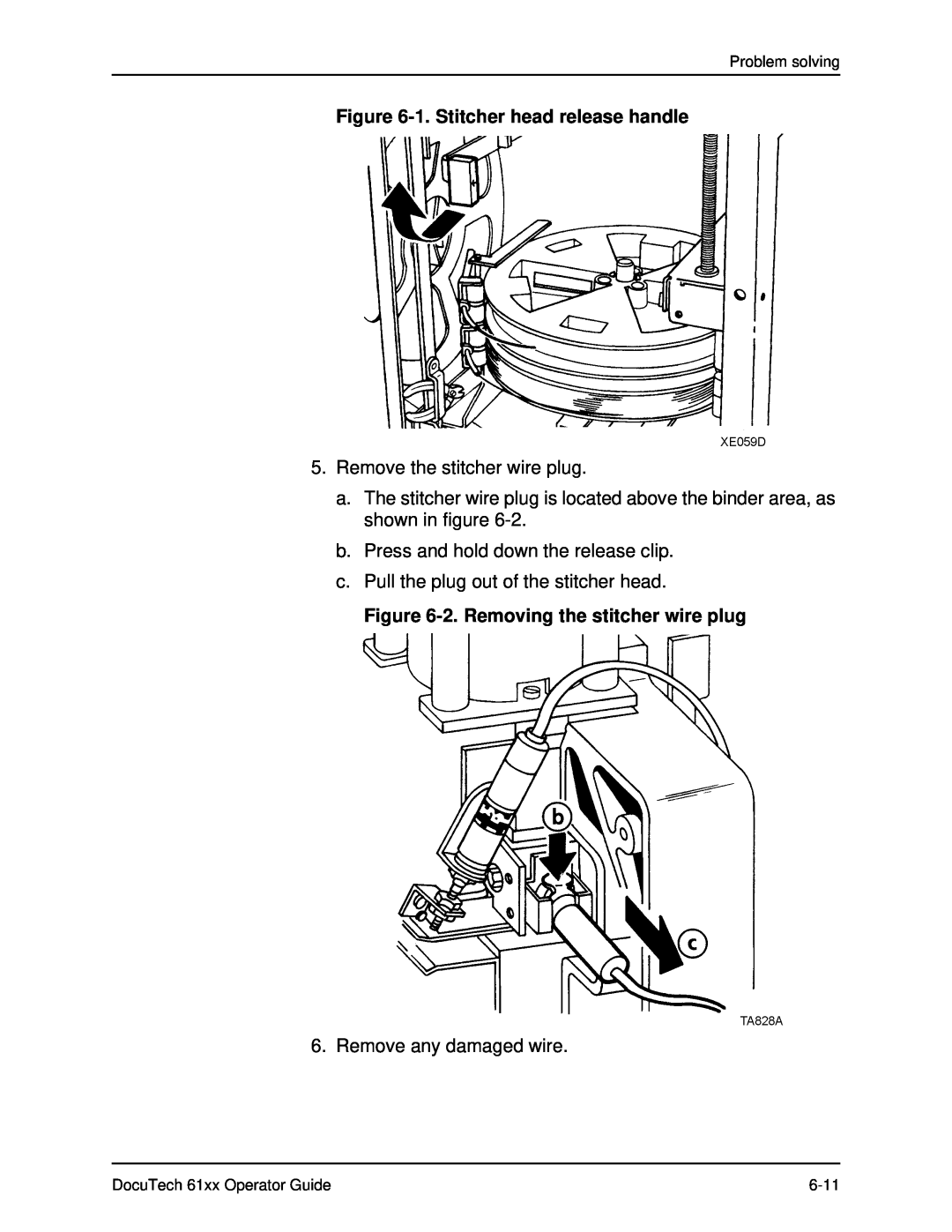Xerox 61xx manual 1. Stitcher head release handle, 2. Removing the stitcher wire plug, Remove the stitcher wire plug 