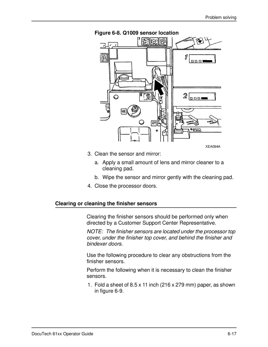 Xerox 61xx manual Q1009 sensor location, Clearing or cleaning the finisher sensors 