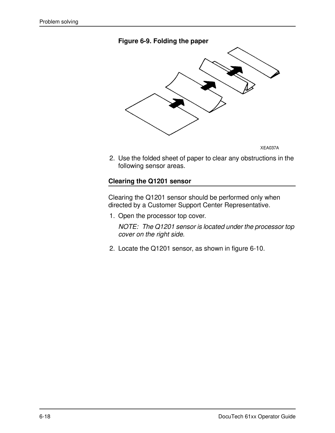 Xerox 61xx manual Folding the paper, Clearing the Q1201 sensor 