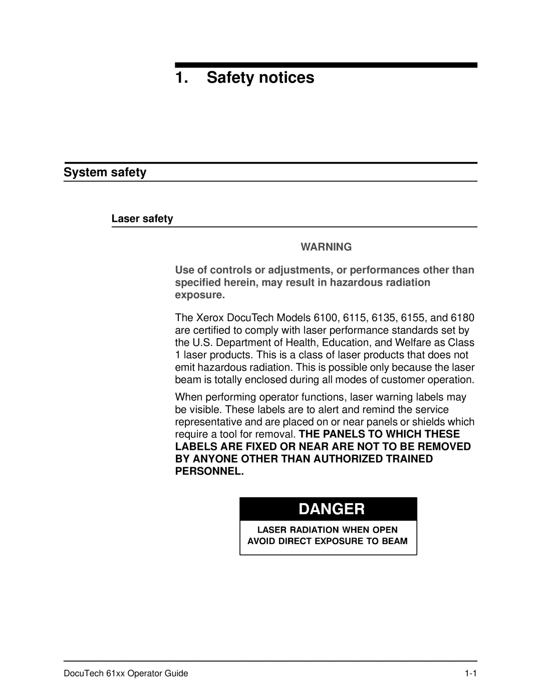 Xerox 61xx manual System safety, Laser safety 