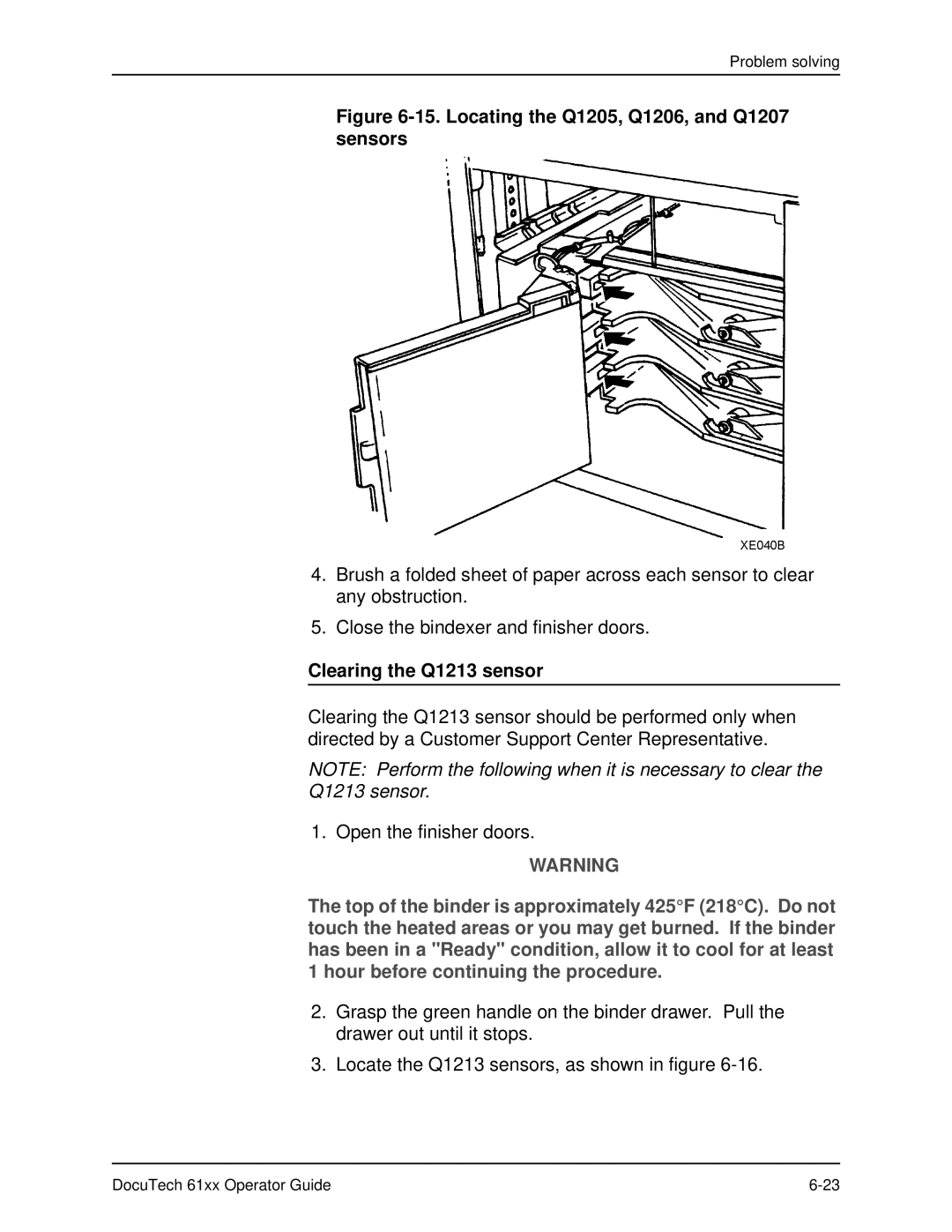 Xerox 61xx manual Locating the Q1205, Q1206, and Q1207 sensors, Clearing the Q1213 sensor 