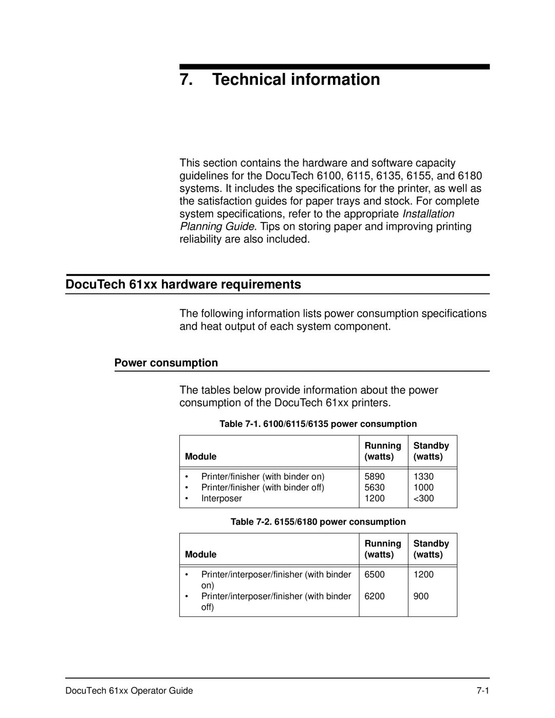 Xerox manual DocuTech 61xx hardware requirements, Power consumption 