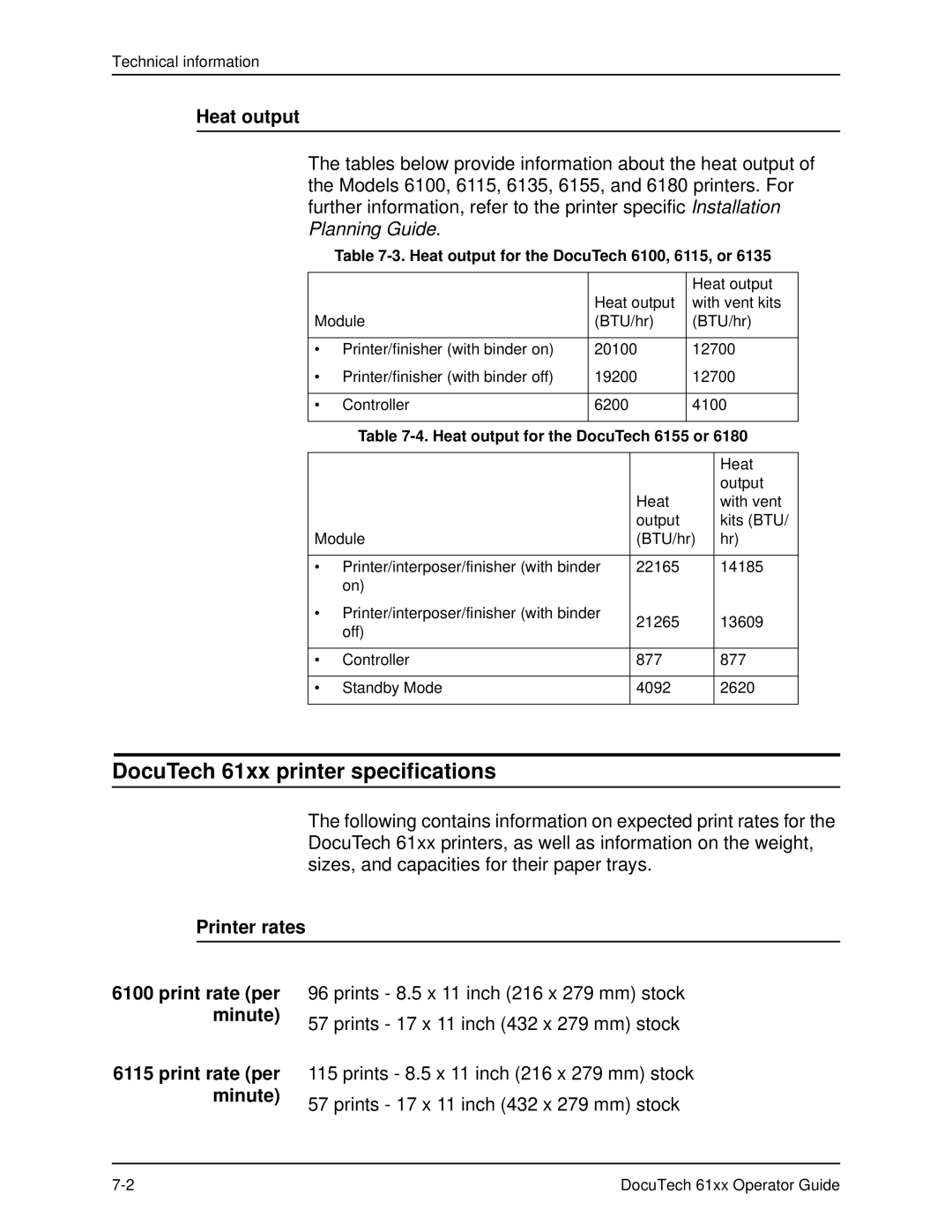 Xerox manual DocuTech 61xx printer specifications, Heat output, Printer rates Print rate per, Minute 