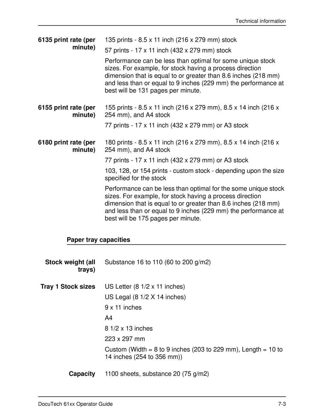 Xerox 61xx manual Print rate per minute, Paper tray capacities 