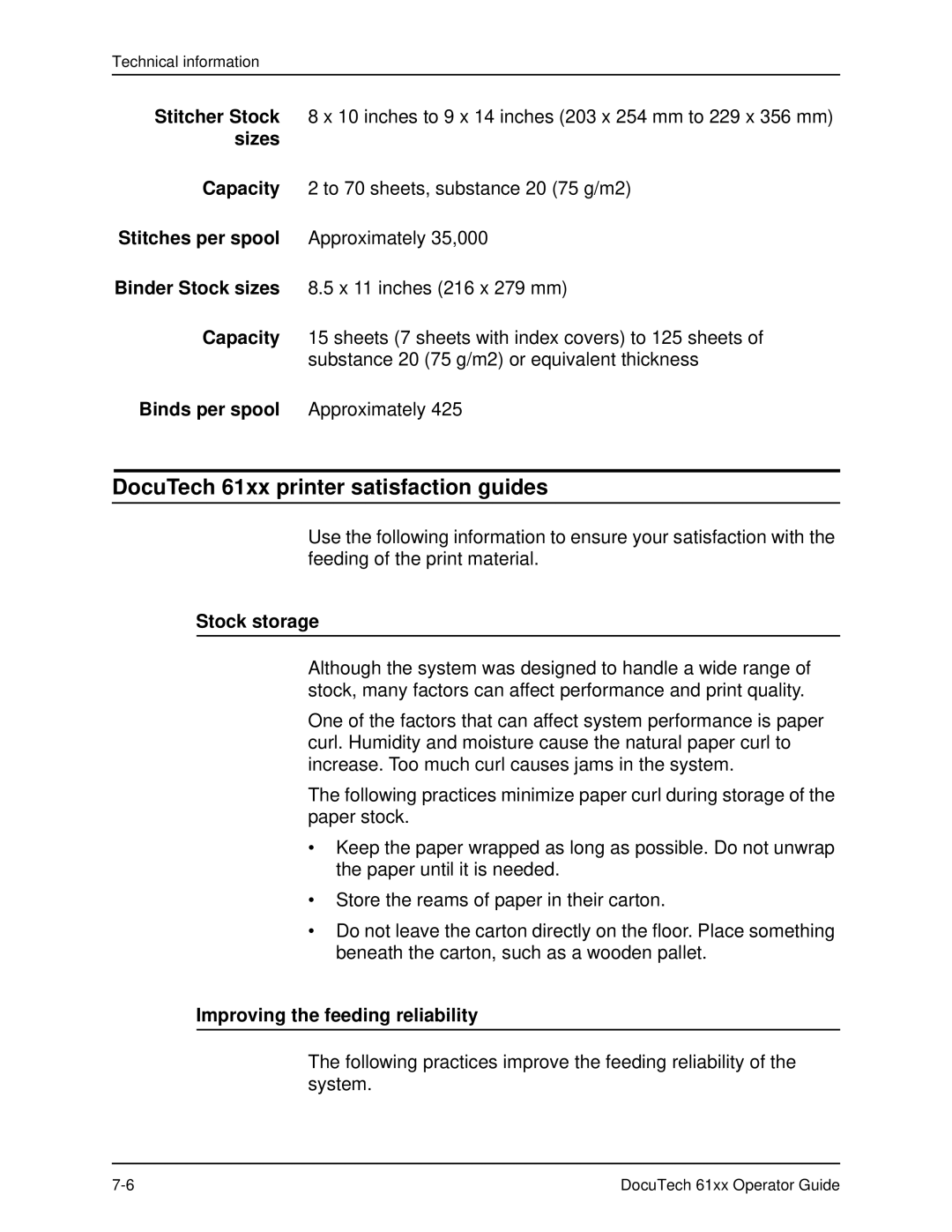 Xerox manual DocuTech 61xx printer satisfaction guides, Stock storage, Improving the feeding reliability 