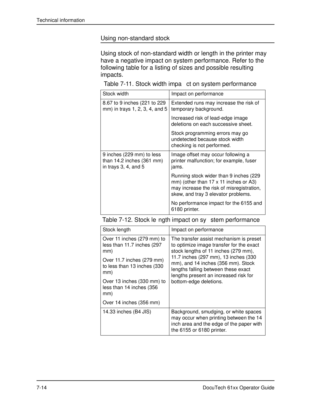 Xerox 61xx Using non-standard stock, Stock width impact on system performance, Stock length impact on system performance 