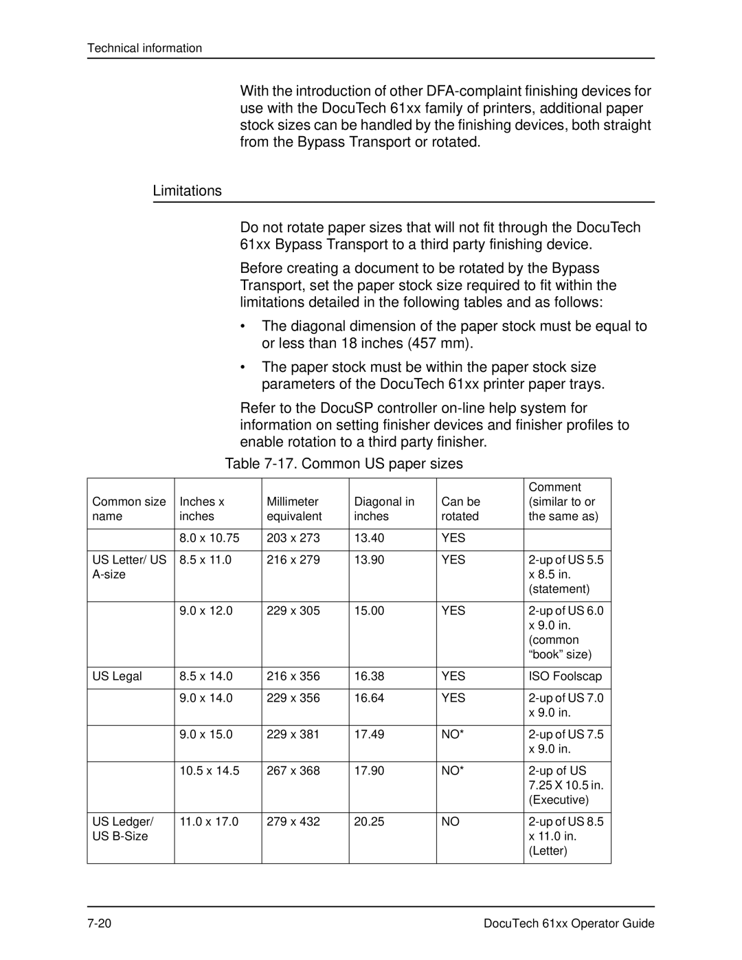 Xerox 61xx manual Limitations, Common US paper sizes 