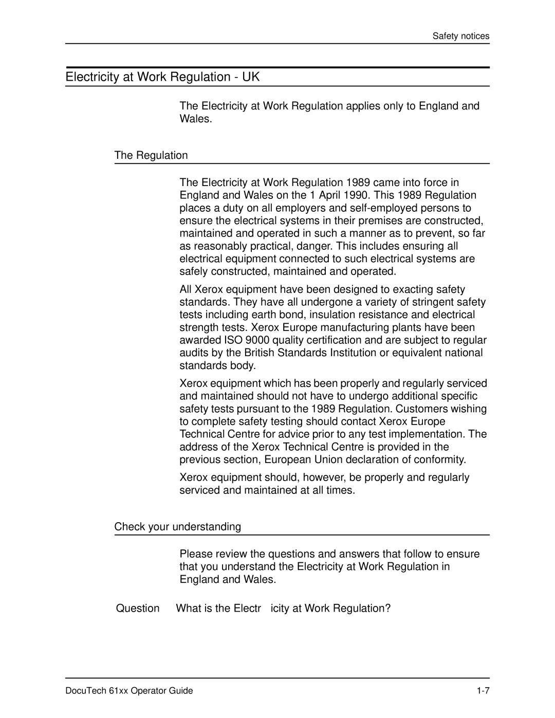 Xerox 61xx manual Electricity at Work Regulation UK, Check your understanding 