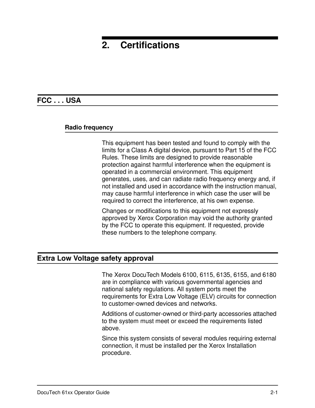 Xerox 61xx manual Fcc . . . Usa, Extra Low Voltage safety approval, Radio frequency 