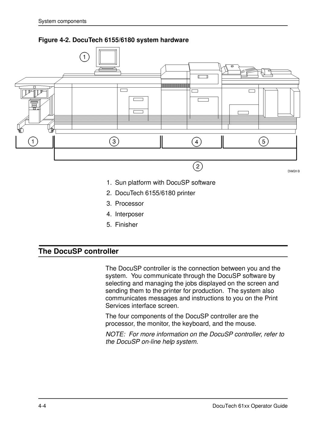 Xerox 61xx manual DocuSP controller, DocuTech 6155/6180 system hardware 