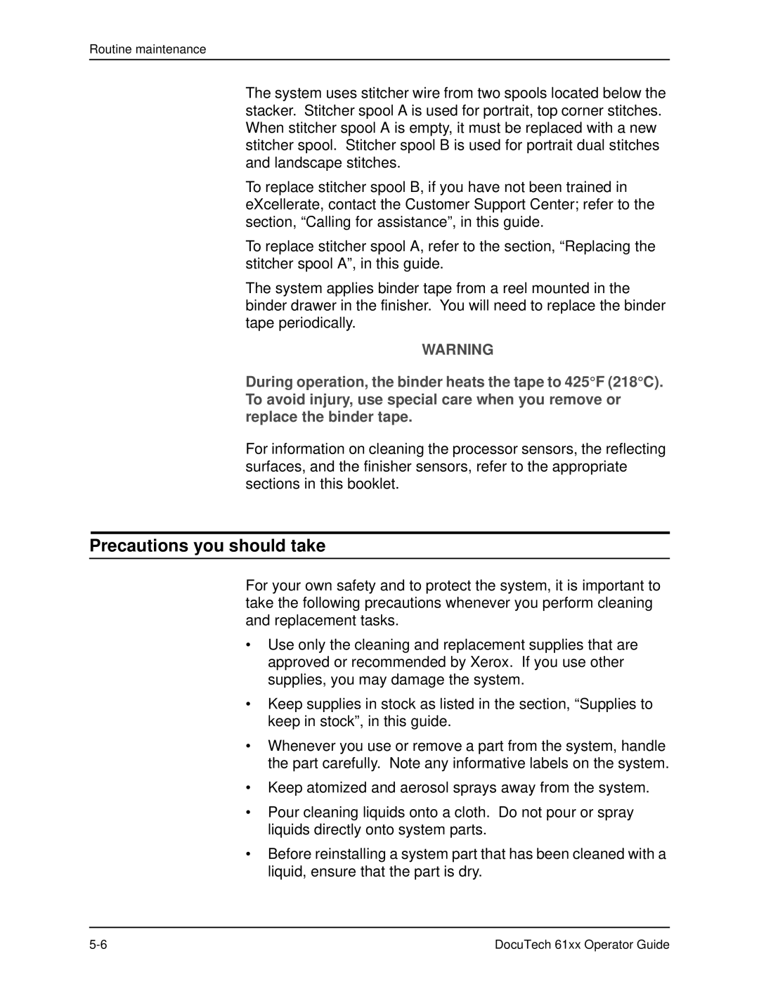 Xerox 61xx manual Precautions you should take 