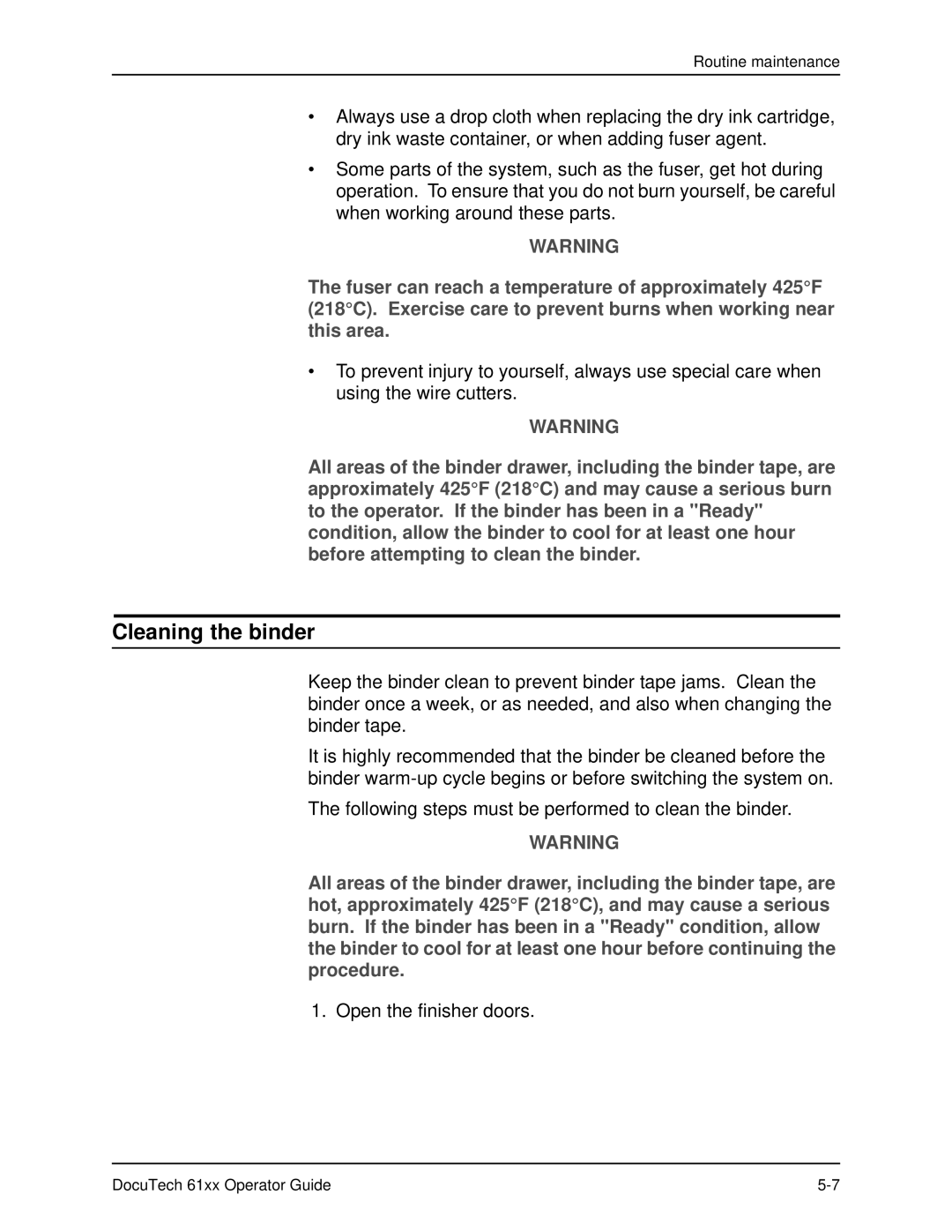 Xerox 61xx manual Cleaning the binder 