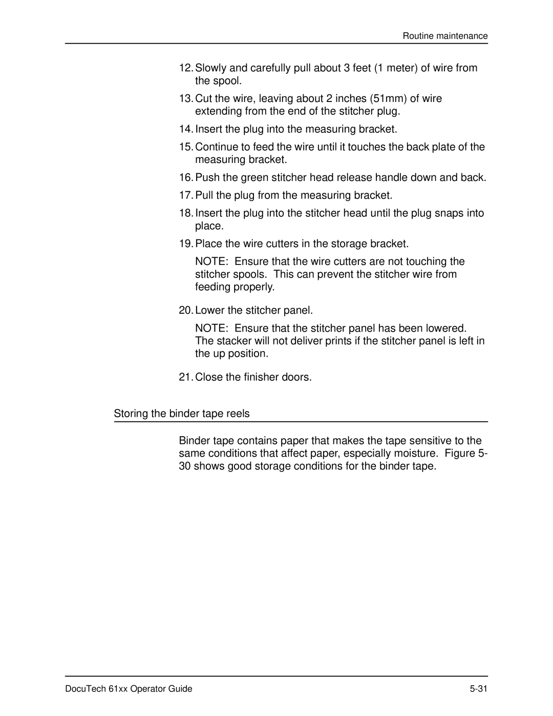 Xerox 61xx manual Storing the binder tape reels 