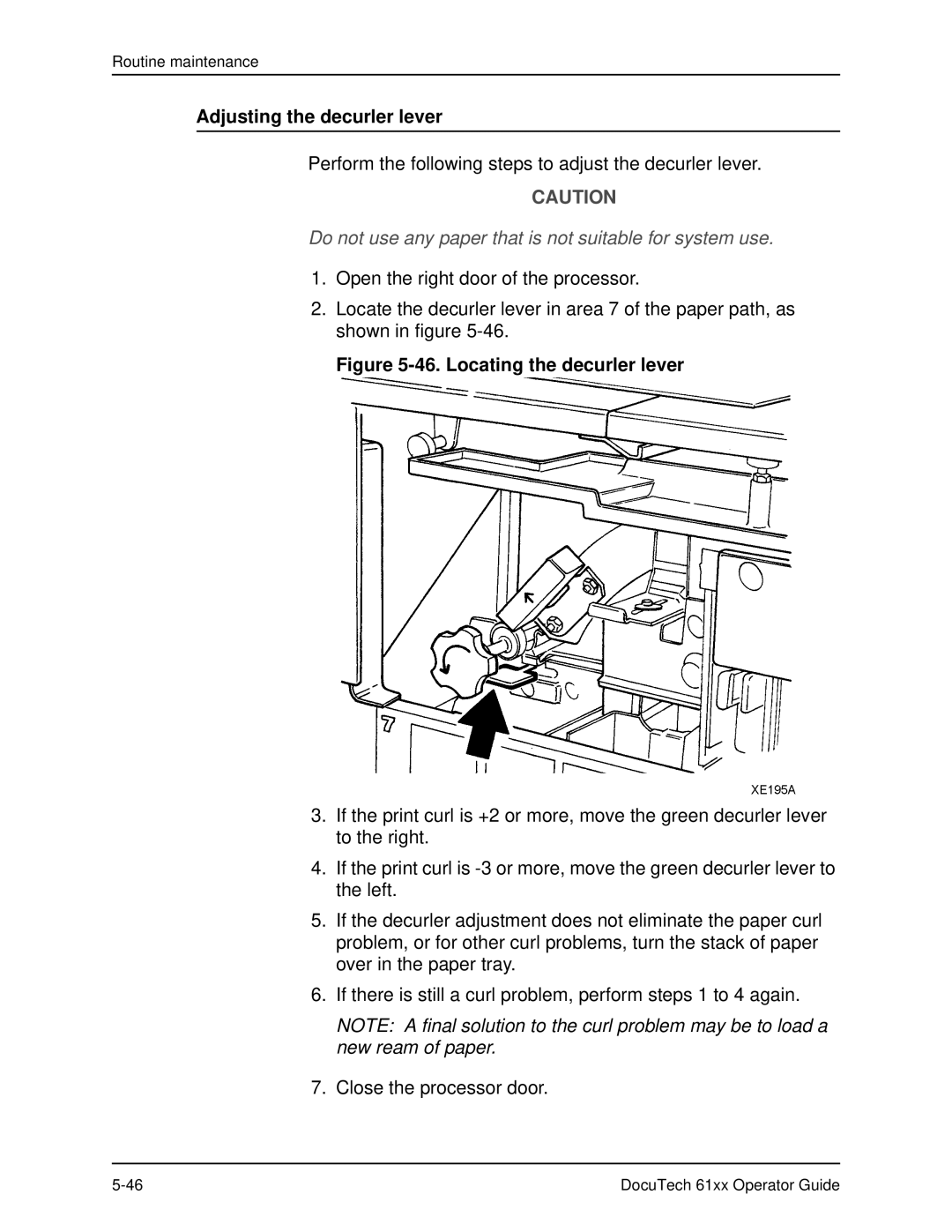 Xerox 61xx manual Adjusting the decurler lever, Locating the decurler lever 