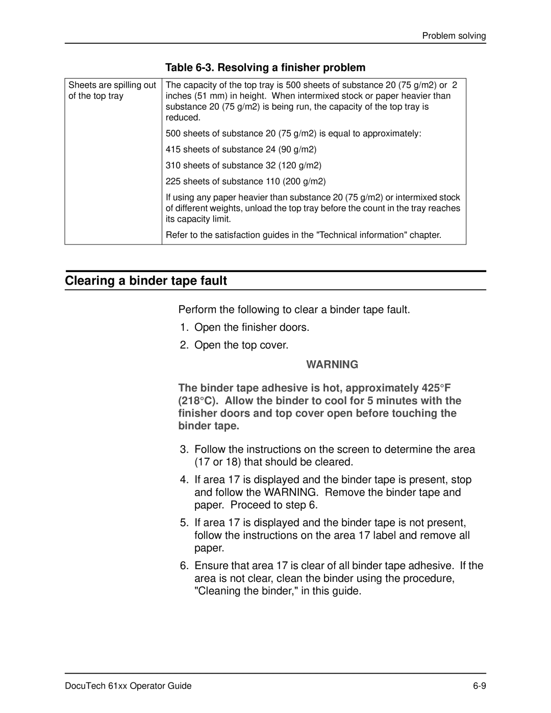 Xerox 61xx manual Clearing a binder tape fault 