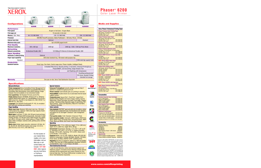 Xerox P h a s e r 6 2, C o l o r L a s e r P r i n t e r, Configurations, Media and Supplies, Specifications, 6200B 