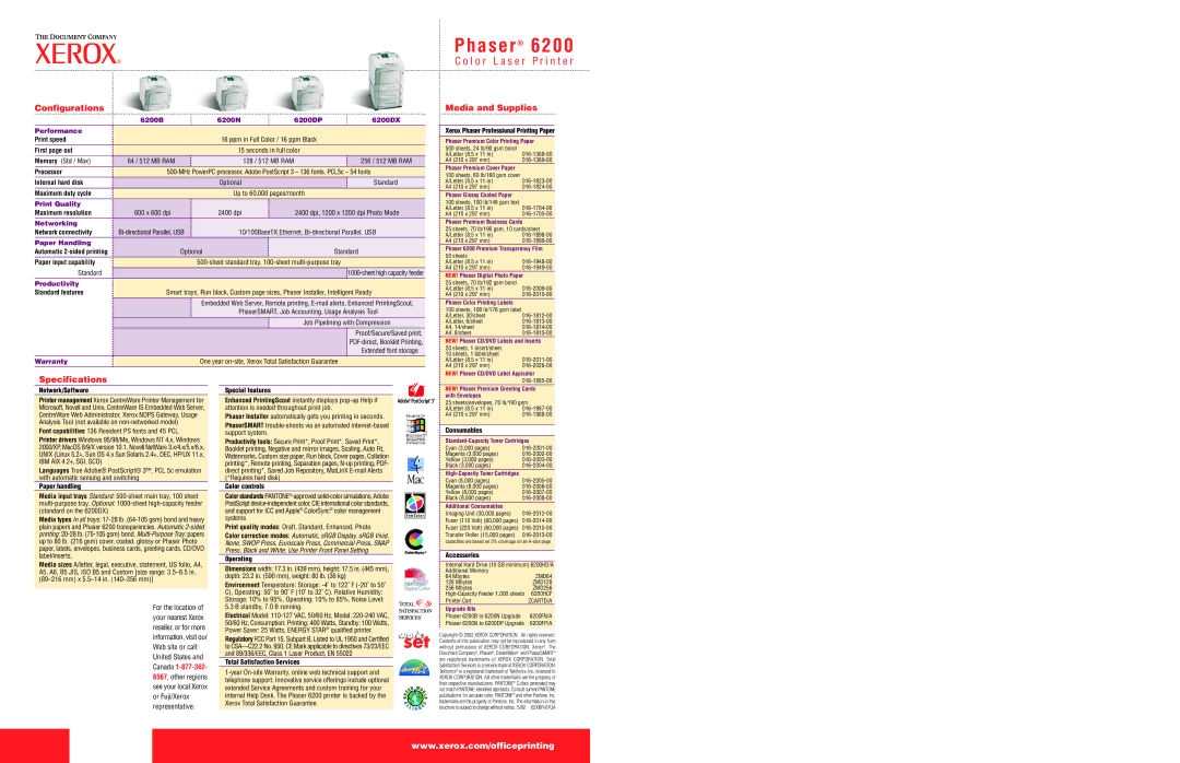 Xerox 6200N, 6200DP, 6200B, 6200FP/A specifications A s e r 6 2 0 