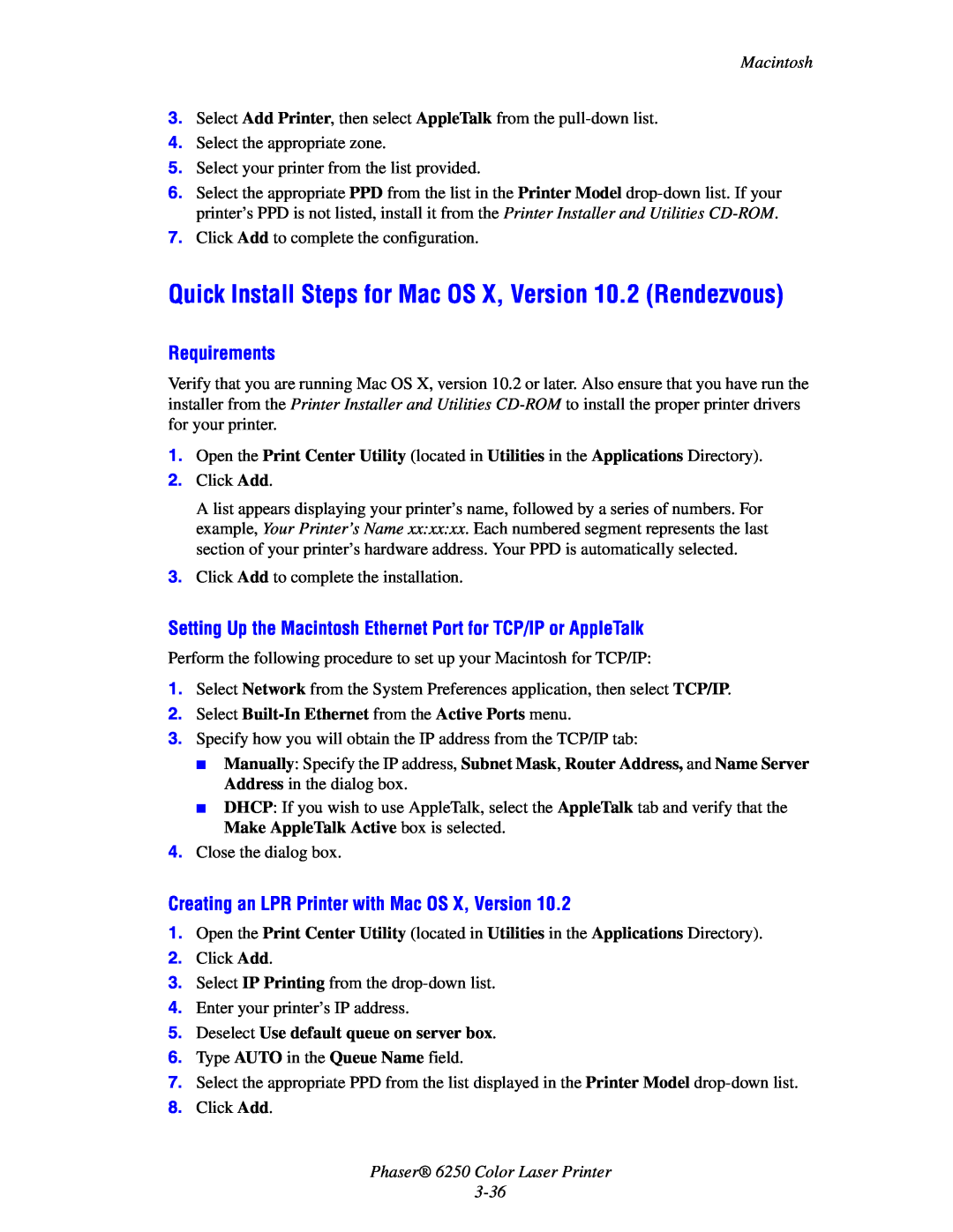 Xerox 6250 Quick Install Steps for Mac OS X, Version 10.2 Rendezvous, Deselect Use default queue on server box, Macintosh 