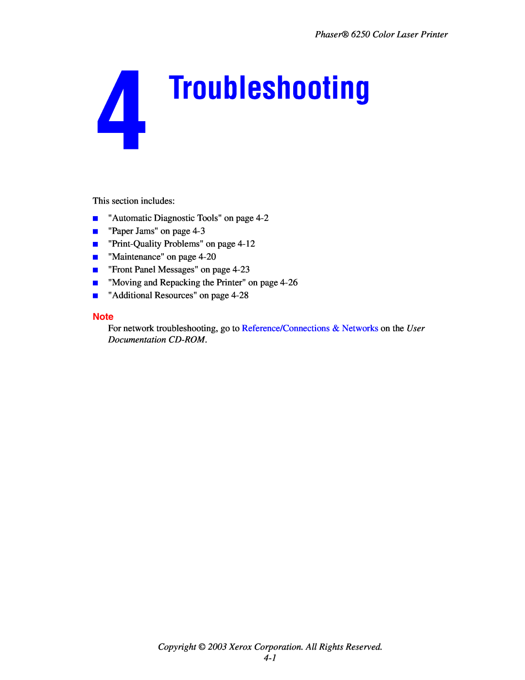 Xerox manual Troubleshooting, Copyright 2003 Xerox Corporation. All Rights Reserved 4-1, Phaser 6250 Color Laser Printer 