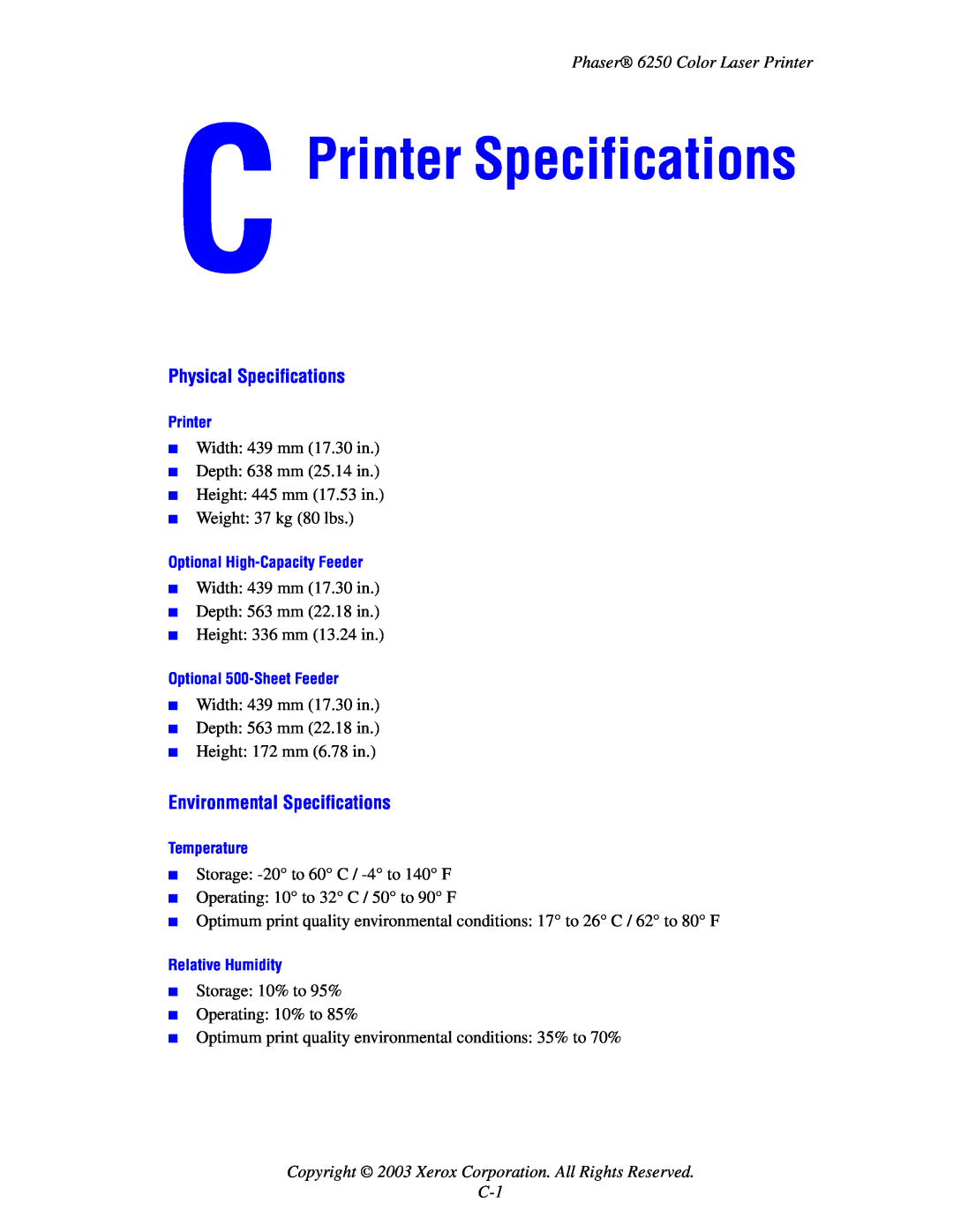 Xerox Printer Specifications, Physical Specifications, Environmental Specifications, Phaser 6250 Color Laser Printer 