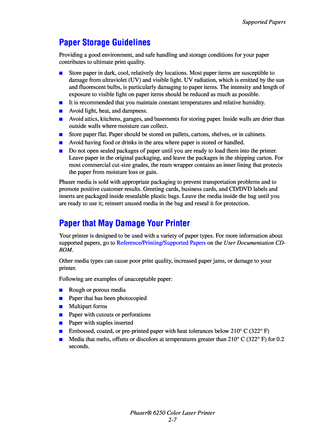 Xerox manual Paper Storage Guidelines, Paper that May Damage Your Printer, Phaser 6250 Color Laser Printer 2-7 