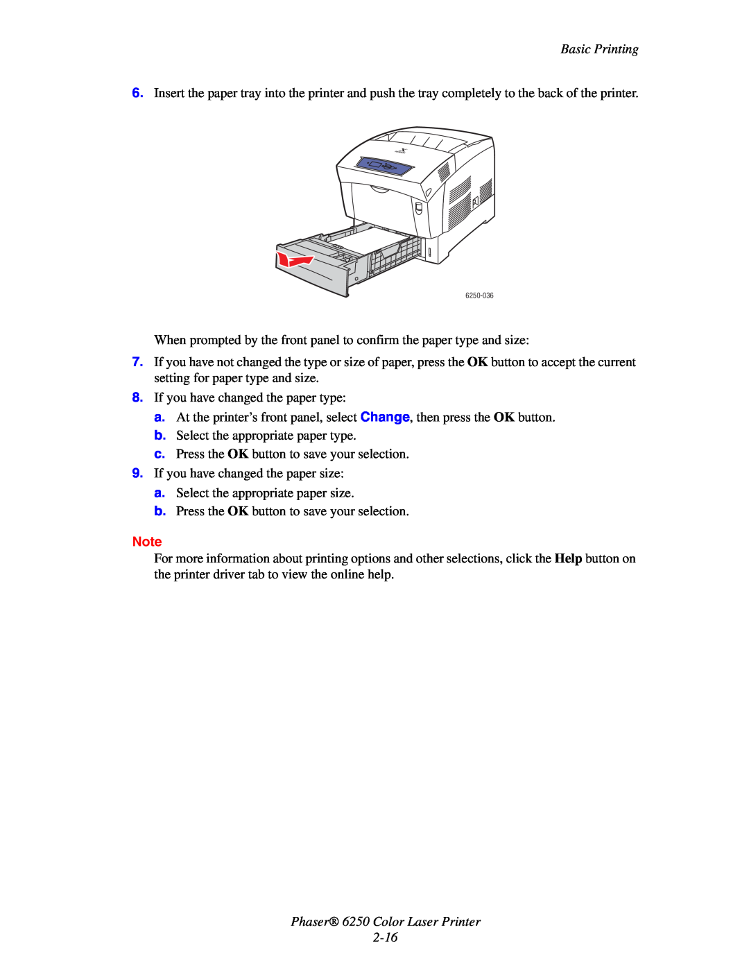Xerox manual Phaser 6250 Color Laser Printer 2-16, Basic Printing 