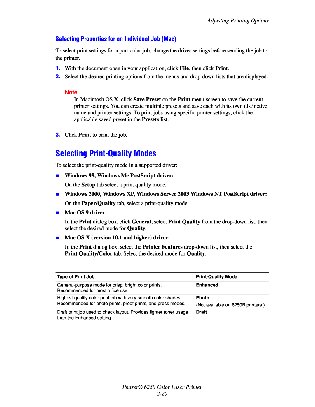 Xerox 6250 manual Selecting Print-Quality Modes, Selecting Properties for an Individual Job Mac, Mac OS 9 driver 
