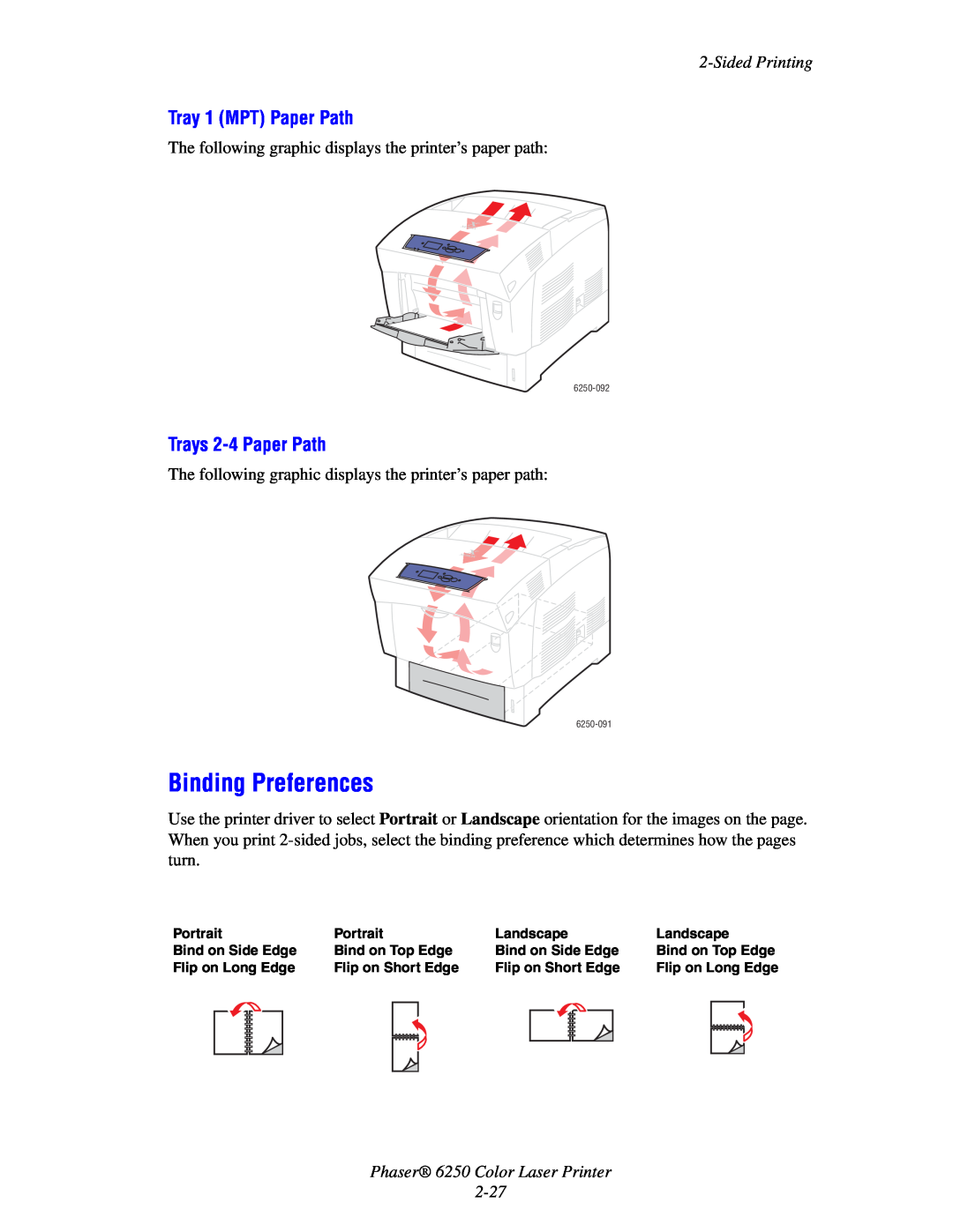 Xerox 6250 manual Binding Preferences, Tray 1 MPT Paper Path, Trays 2-4 Paper Path, Sided Printing 