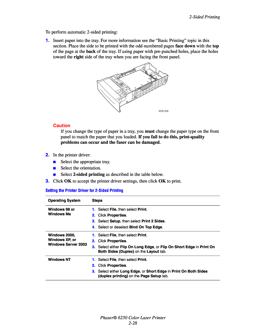 Xerox manual Phaser 6250 Color Laser Printer 2-28, Setting the Printer Driver for 2-Sided Printing 