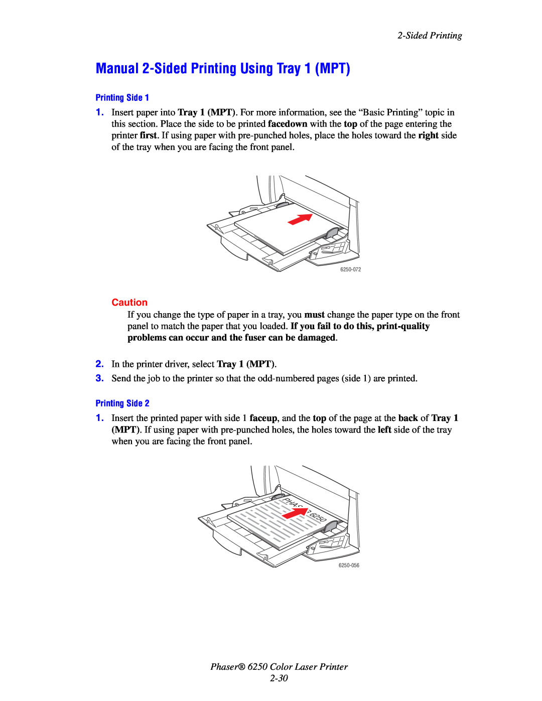 Xerox manual Manual 2-Sided Printing Using Tray 1 MPT, Phaser 6250 Color Laser Printer 2-30 
