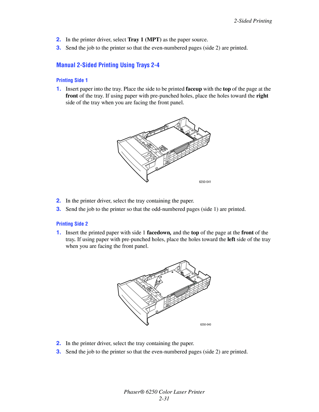 Xerox manual Manual 2-Sided Printing Using Trays, Phaser 6250 Color Laser Printer 2-31 