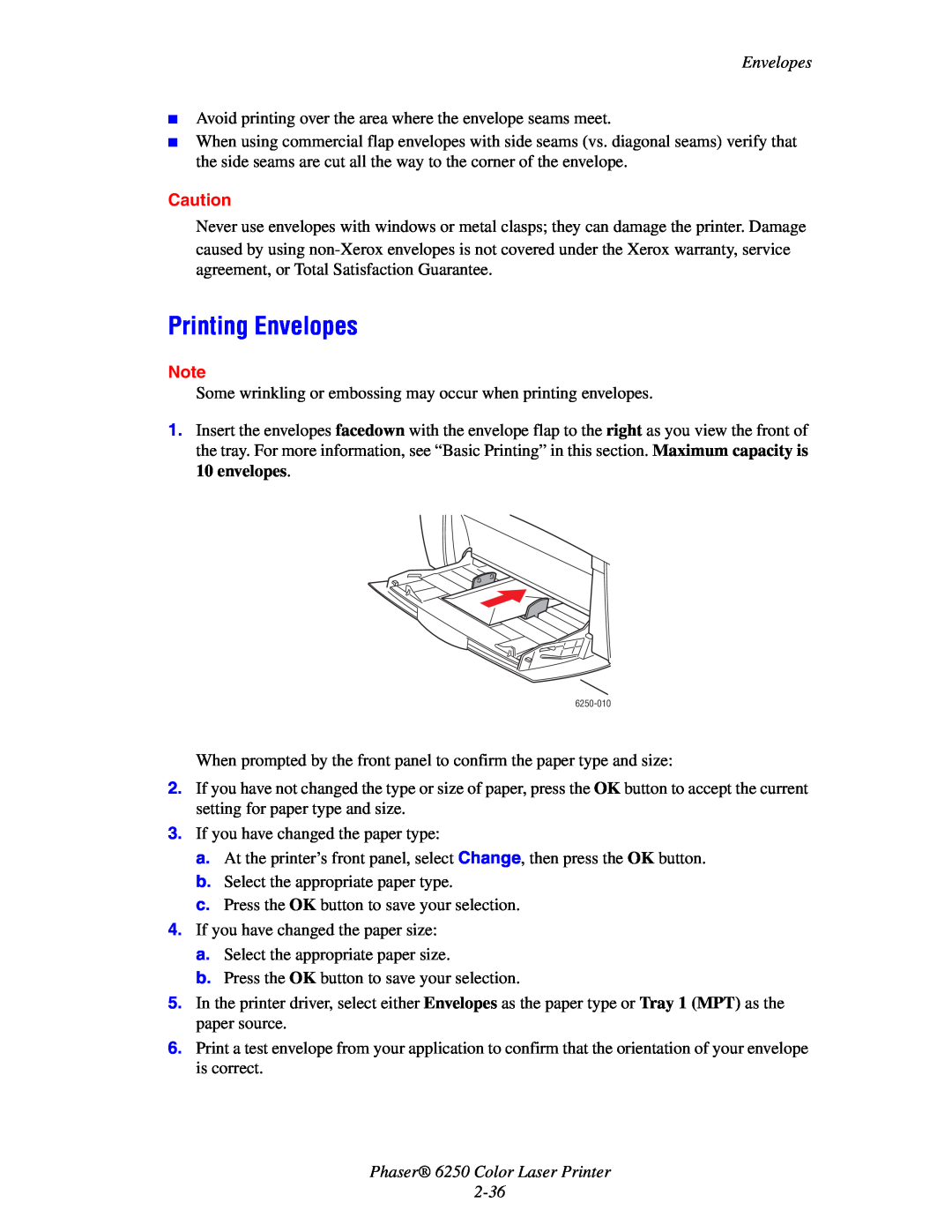 Xerox manual Printing Envelopes, Phaser 6250 Color Laser Printer 2-36 