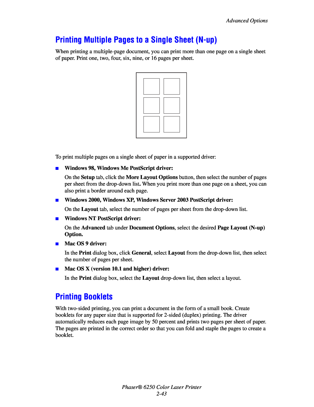 Xerox 6250 Printing Multiple Pages to a Single Sheet N-up, Printing Booklets, Advanced Options, Option Mac OS 9 driver 