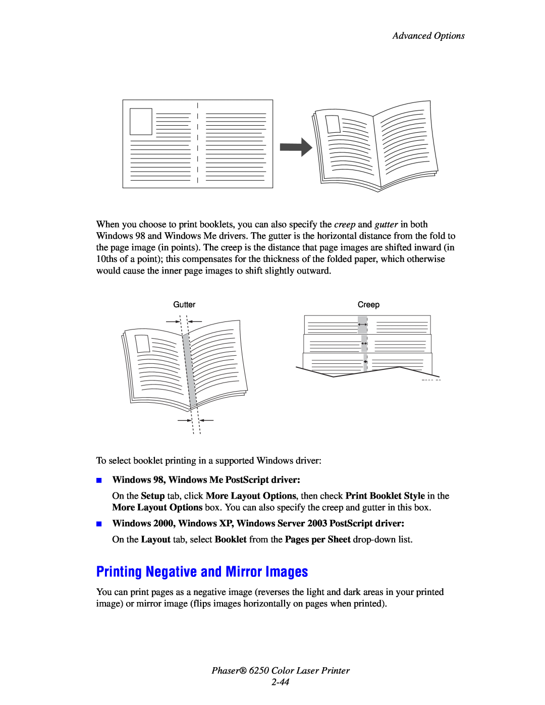Xerox manual Printing Negative and Mirror Images, Phaser 6250 Color Laser Printer 2-44, Advanced Options 