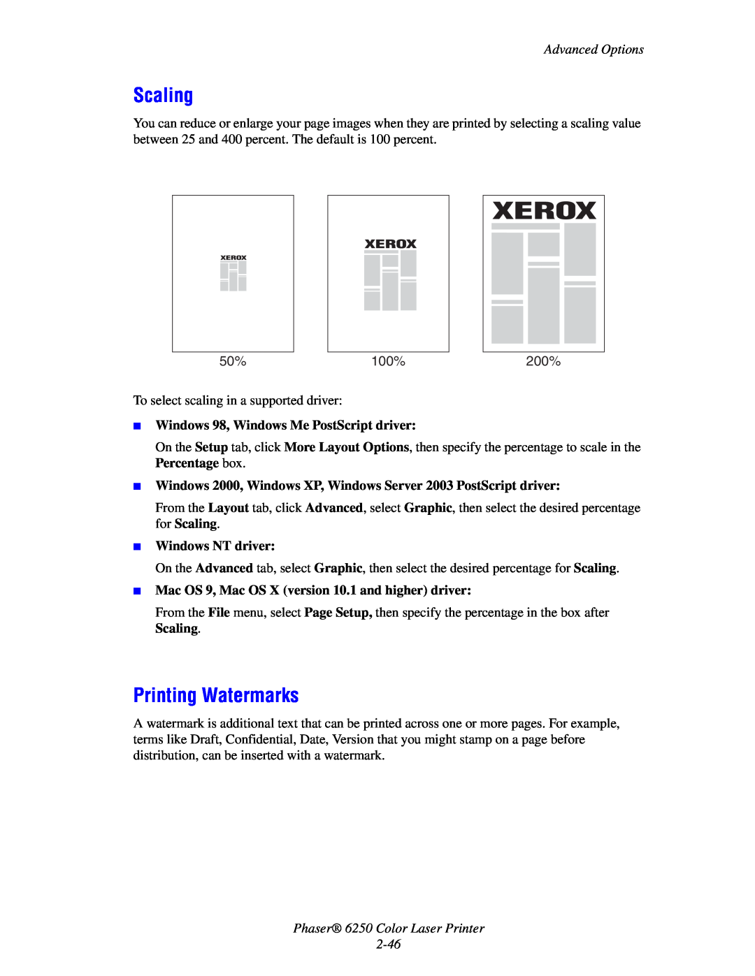 Xerox 6250 manual Scaling, Printing Watermarks, Mac OS 9, Mac OS X version 10.1 and higher driver, Advanced Options 