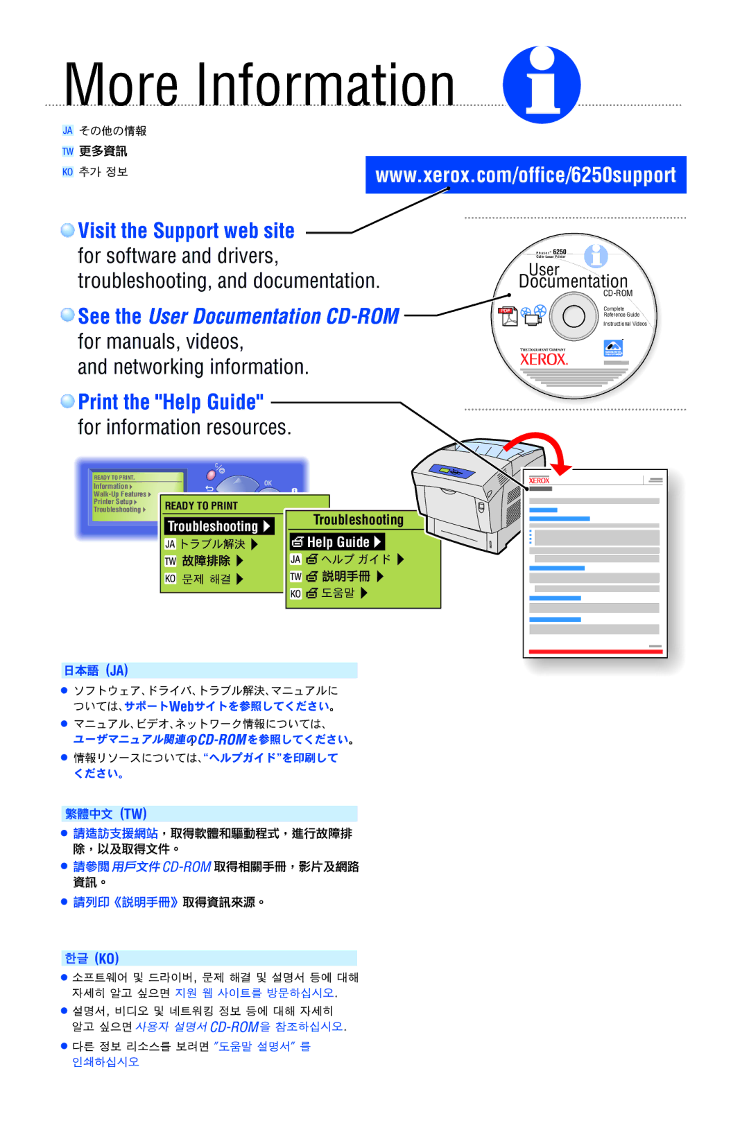 Xerox 6250 manual More Information, Visit the Support web site, Print the Help Guide 