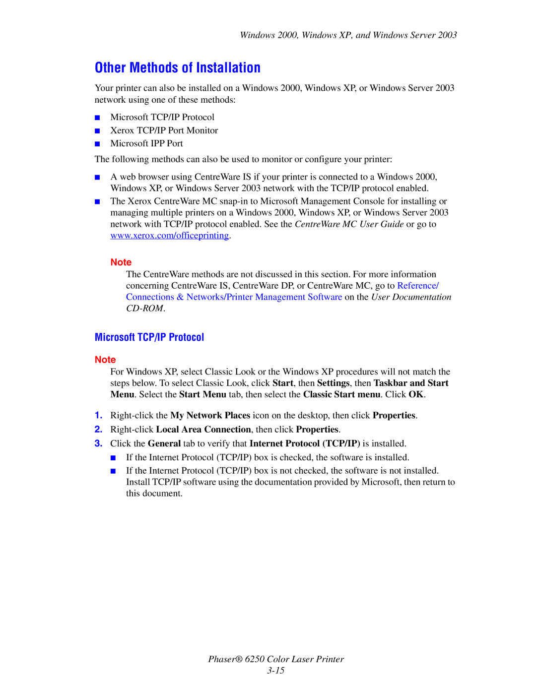 Xerox 6250 manual Other Methods of Installation, Microsoft TCP/IP Protocol, Windows 2000, Windows XP, and Windows Server 