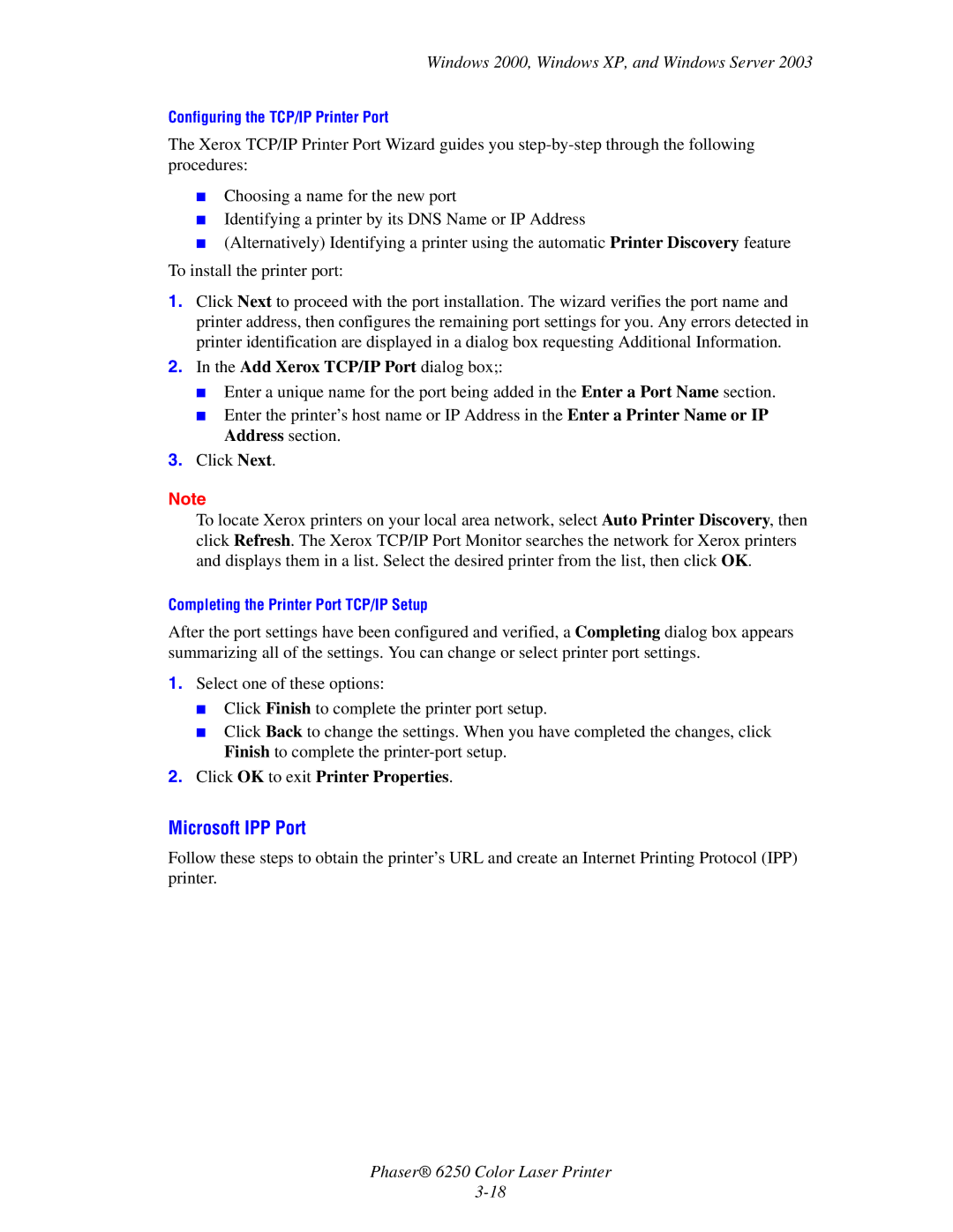 Xerox 6250 manual Microsoft IPP Port, Add Xerox TCP/IP Port dialog box, Click OK to exit Printer Properties 