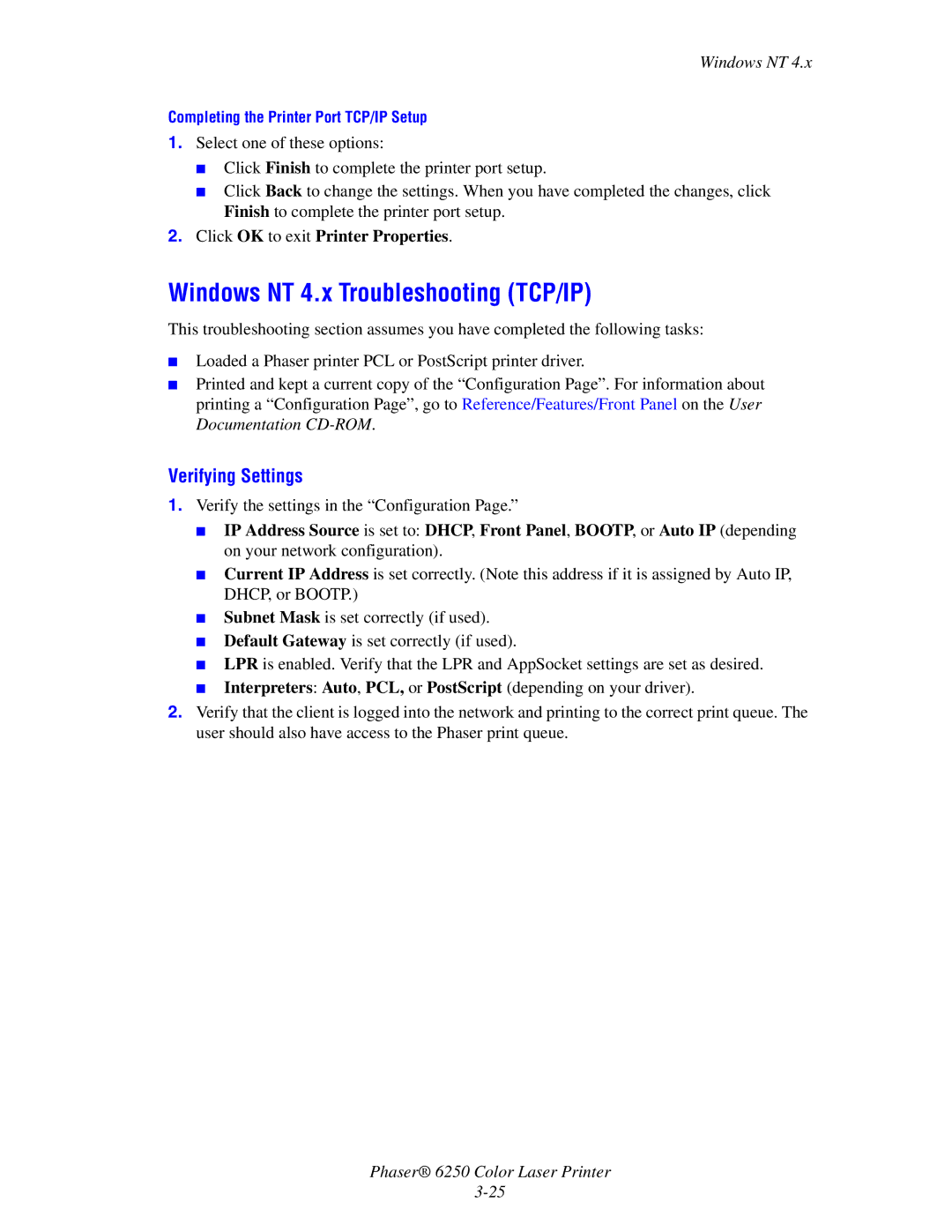 Xerox 6250 manual Windows NT 4.x Troubleshooting TCP/IP, Click OK to exit Printer Properties 