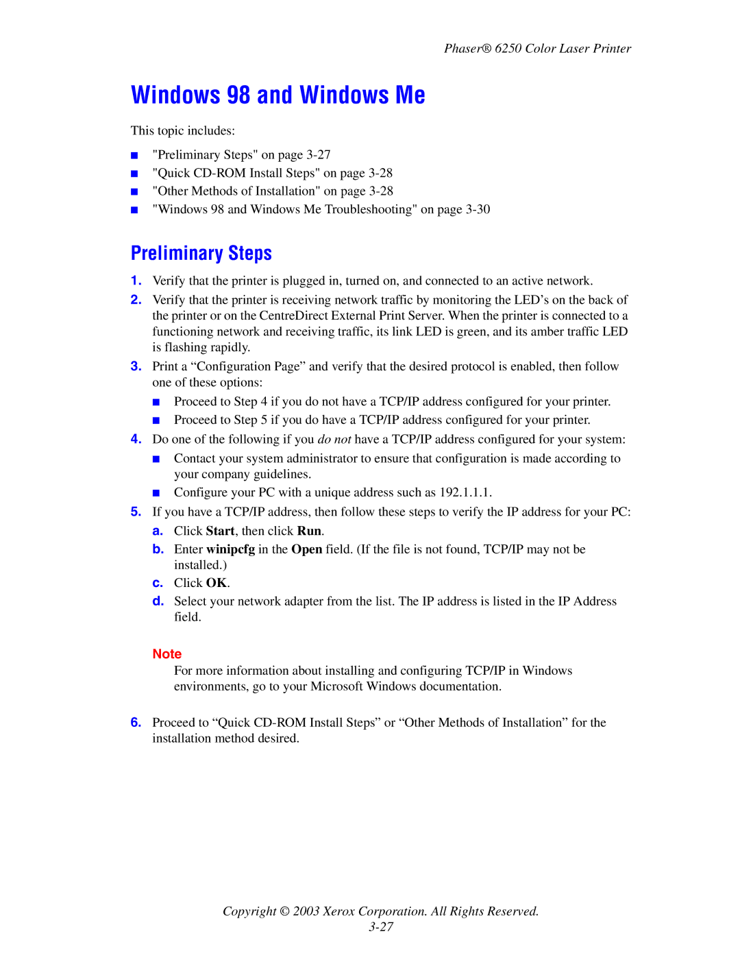 Xerox 6250 manual Windows 98 and Windows Me, Preliminary Steps 