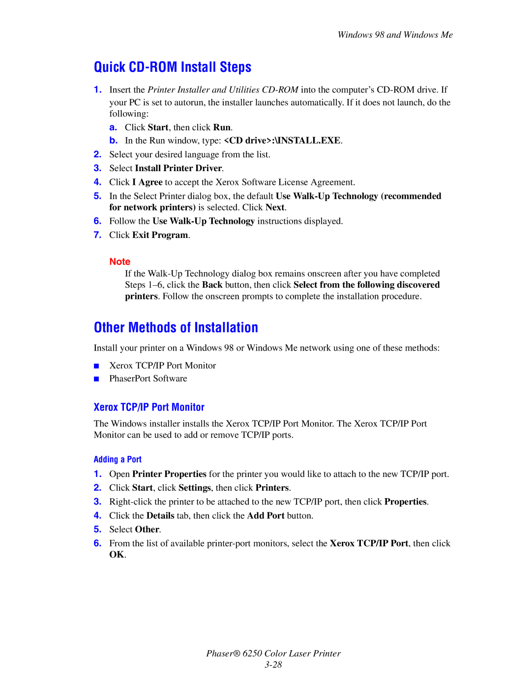 Xerox 6250 manual Quick CD-ROM Install Steps, Windows 98 and Windows Me 